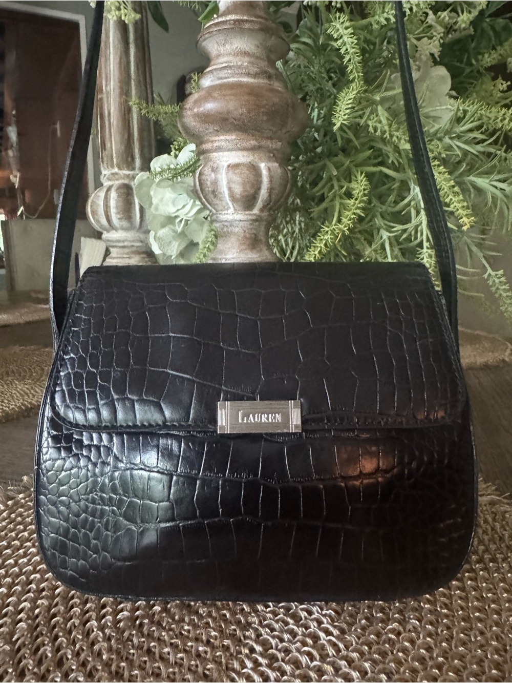 Ralph Lauren NWOT Black Croc-Embossed Leather Crossbody - Picture 1 of 8